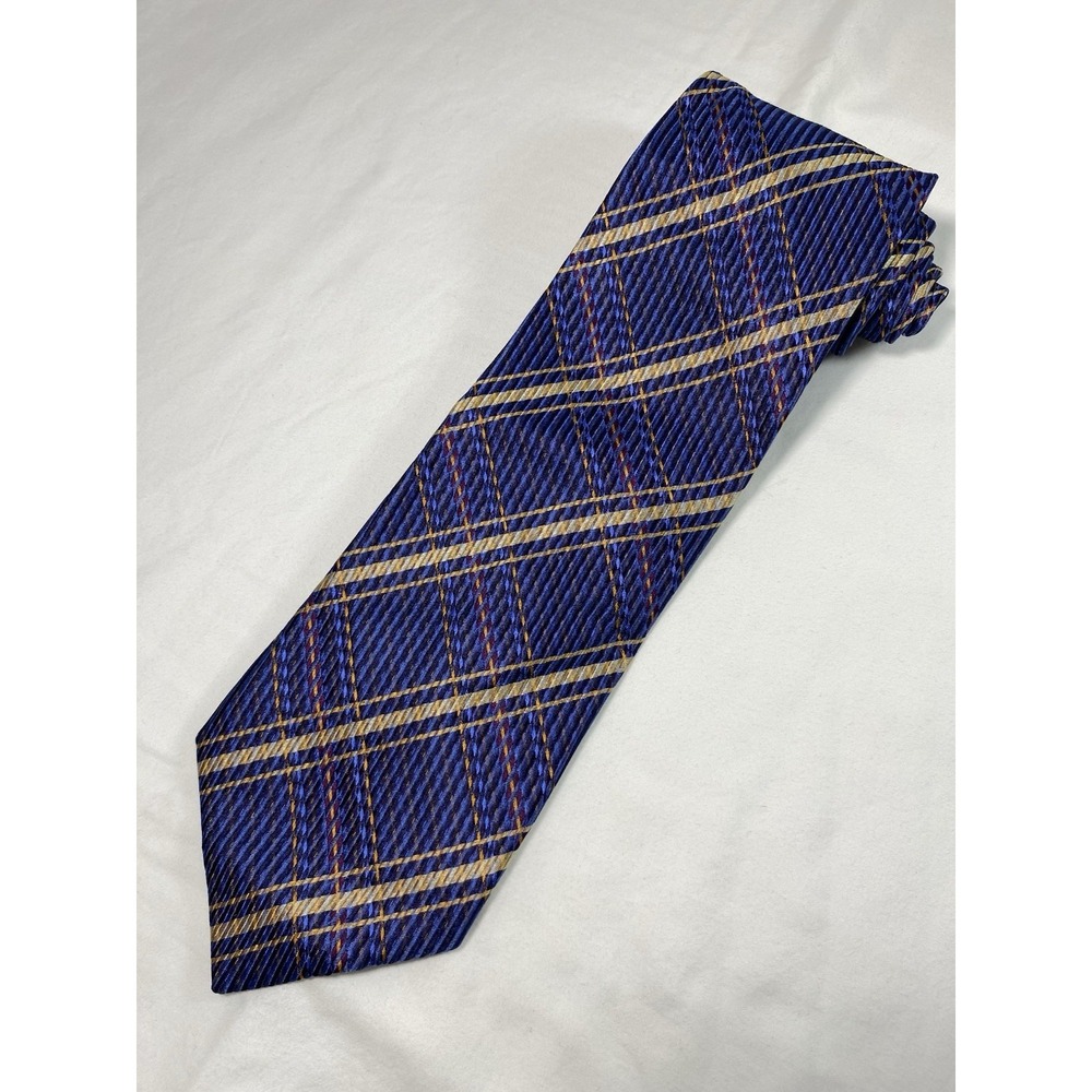 JHANE BARNES 100% Silk Necktie‎ Hand Made In ITALY Blue Beige Plaid EUC